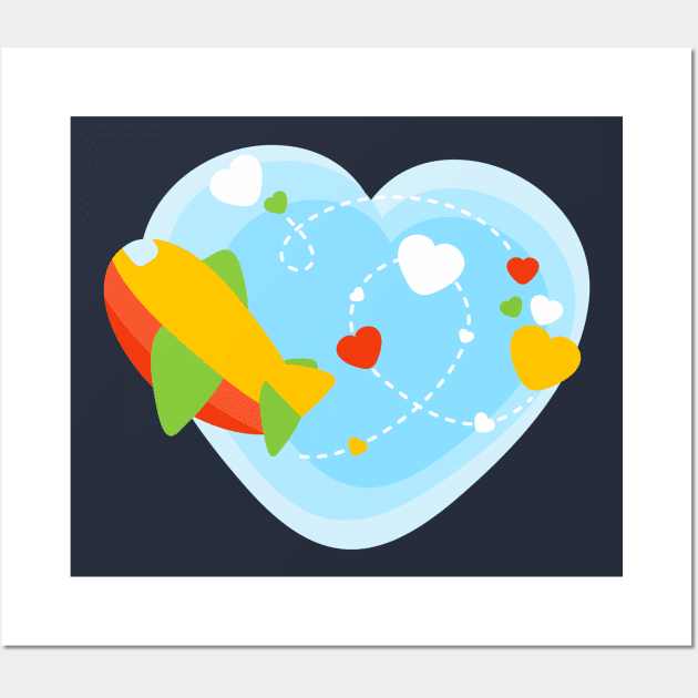 Cute Airplane with Hearts and Clouds Wall Art by RageRabbit